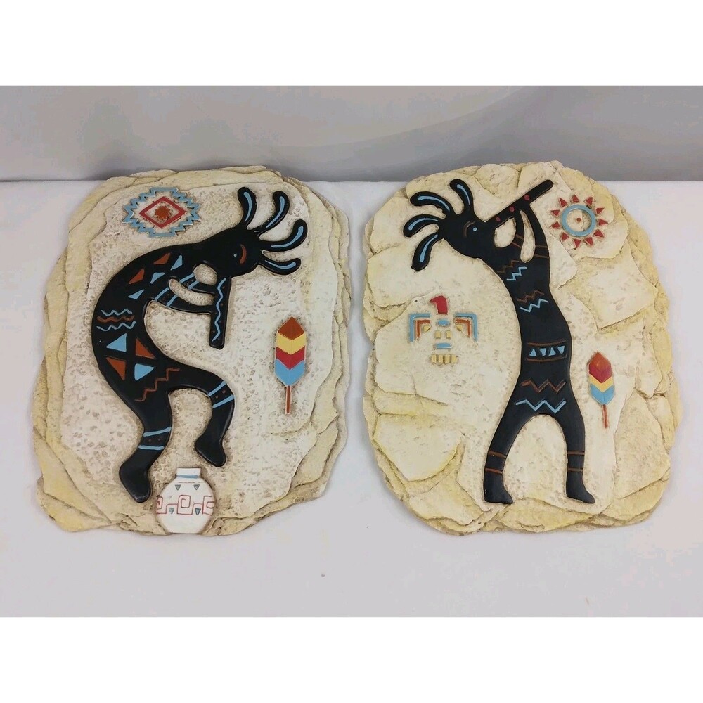 Vtg 2 Kokopelli Native American Faux Stone Art Plaques Decor Southwestern 8 X 10